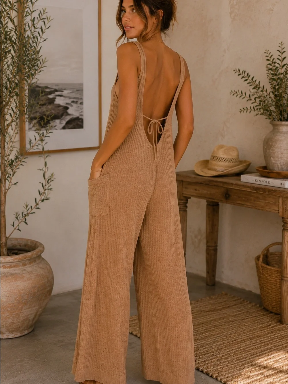 Zenana Outfitters Camel Wide-Leg Knit Jumpsuit - Picture 2 of 2